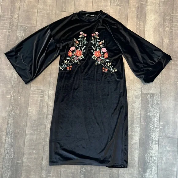 zara black velvet embroidered dress Alina Denim Embroidered Short Dress